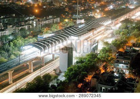 Aerial Shot Of Delhi Metro Inaugration Decoration At Night With Light Trails