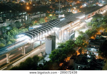 Aerial Shot Of Delhi Metro Inaugration Decoration At Night With Light Trails