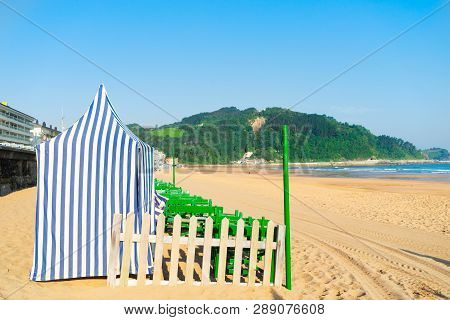 Zarauz City Beach With Yellow Sand Beach And Blue Sea Water, Pais Vasco, Spain