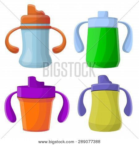 Sippy Cup Icons Set. Cartoon Set Of Sippy Cup Icons For Web Design