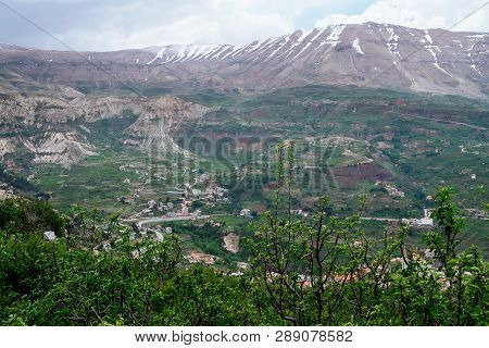 Faraya Valley And Village With Scattered Houses Shot From The Hill. Lebanon