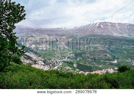 Faraya Valley And Village With Scattered Houses Shot From The Hill. Lebanon