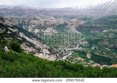 Faraya Valley And Village With Scattered Houses Shot From The Hill. Lebanon