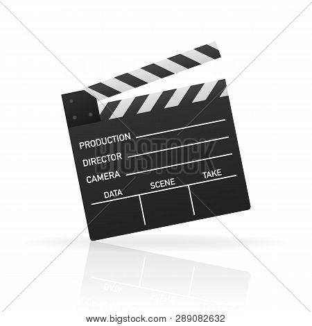 Black Closed Clapperboard. Black Cinema Slate Board, Device Used In Filmmaking And Video Production.