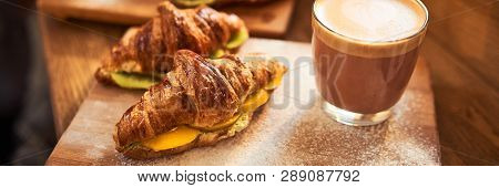 Web Banner 3 In 1 Crop For Design. Fresh Croissant And Original Authors Coffee With Fruits On Wooden