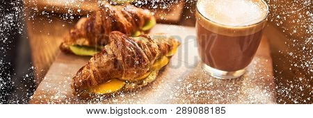 Web Banner 3 In 1 Crop For Design. Fresh Croissant And Original Authors Coffee With Fruits On Wooden