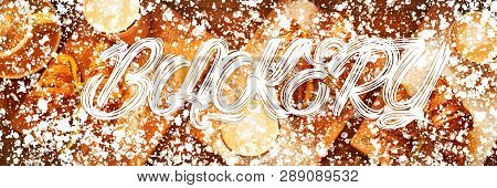 Web Banner 3 In 1 Crop For Design. Image With White Powder Decor Frame And Text Bakery. Fresh Croiss