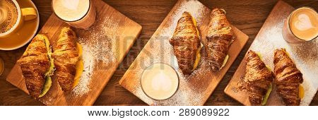 Web Banner 3 In 1 Crop For Design. Fresh Croissant And Original Authors Coffee With Fruits On Wooden