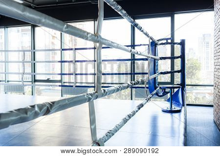 Before The Boxing Competition, An Empty Ring Is A Bright Photo Of A Ring Without Fighters. The Corne