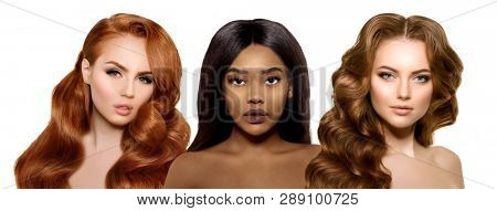 Multi-ethnic beauty. Beautiful models with healthy shiny brunette, red and dark blonde hair. Different ethnicity women. Spa girls