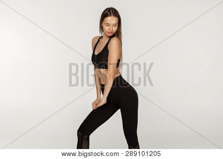 Young Fit Woman Style With Sexy Hips. Female With Perfect Abdomen Muscules