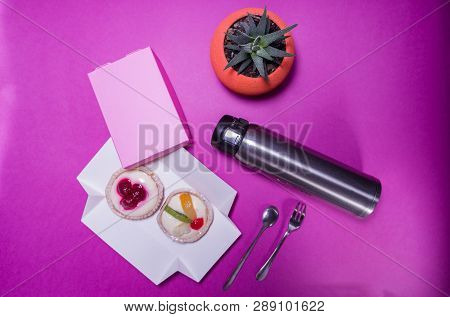 Thermos And Cakes. Dessert And Tea. Dessert And Coffee. Flat Lay.