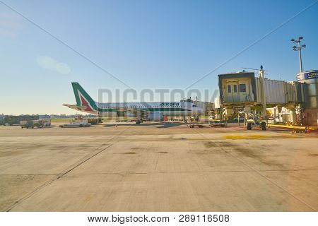 LINATE, ITALY - CIRCA NOVEMBER, 2017: Alitalia aircraft at Milan Linate Airport.