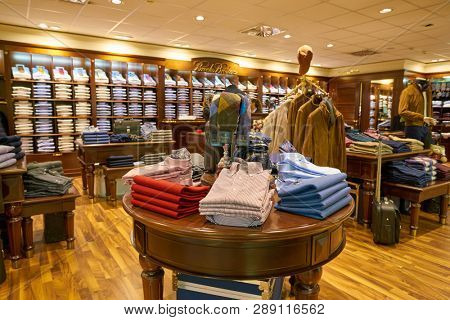 LINATE, ITALY - CIRCA NOVEMBER, 2017: clothing on display at Brooks Brothers shop in Milan Linate Airport.