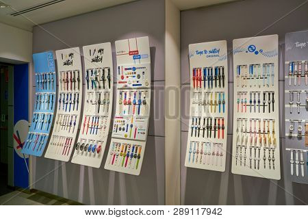 LINATE, ITALY - CIRCA NOVEMBER, 2017: wristwatches on display at Swatch shop in Milan Linate Airport.