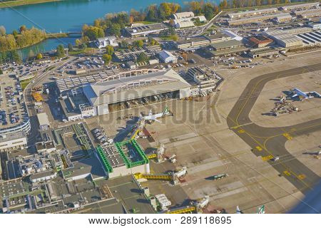 LINATE, ITALY - CIRCA NOVEMBER, 2017: aerial view from aircraft after take-off from Milan Linate Airport.
