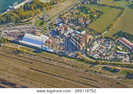 LINATE, ITALY - CIRCA NOVEMBER, 2017: aerial view from aircraft after take-off from Milan Linate Airport.