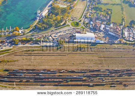 LINATE, ITALY - CIRCA NOVEMBER, 2017: aerial view from aircraft after take-off from Milan Linate Airport.