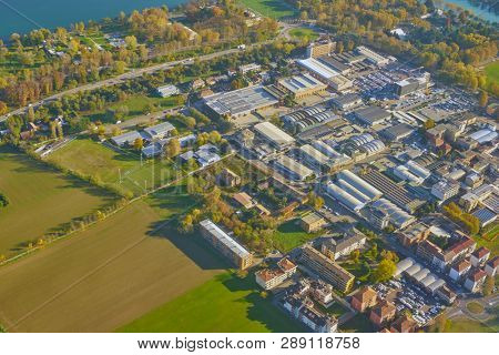 LINATE, ITALY - CIRCA NOVEMBER, 2017: aerial view from aircraft after take-off from Milan Linate Airport.