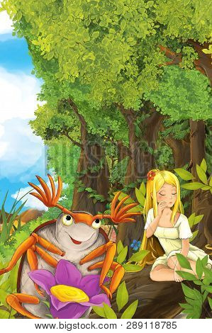 Cartoon Fairy Tale Scene With A Young Little Girl On A Leaf And Happy Frog - Illustration For Childr
