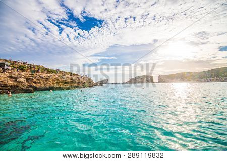 Comino, Malta - November, 2018: Holidays At Blue Lagoon On Island Comino Malta Island
