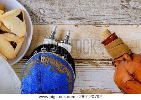 Jewish Holiday Purim With Carnival Mask And Homemade Hamantaschen Cookies, Kippah Flat Lay