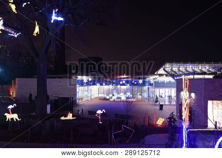 Searle Visitor Center At Lincoln Park Zoo Lit Up At Night, Chicago, Il December 11, 2018
