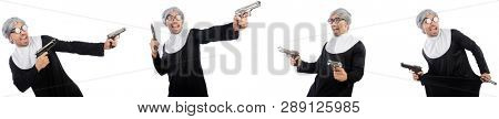 Man in nun dress with handgun 