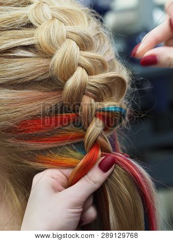 Rainbow Hair In A Braid. Braiding Close Up