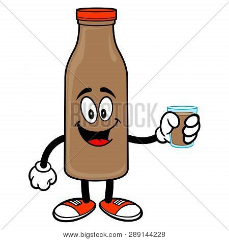 Chocolate Milk Mascot With A Glass Of Milk - A Vector Cartoon Illustration Of A Chocolate Milk Masco