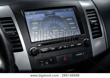 Novosibirsk, Russia - March 10, 2019:  Mitsubishi Outlander,close-up Of The Dashboard, Monitor With 