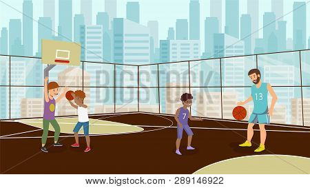Vector Flat Weekend Holiday Playing On Basketball Court. Dad With Son Plays And Teaches Children Thr
