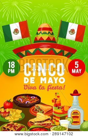 Mexican Food And Drinks Vector Design Of Cinco De Mayo Fiesta Party Invitation. Sombrero, Pinata And