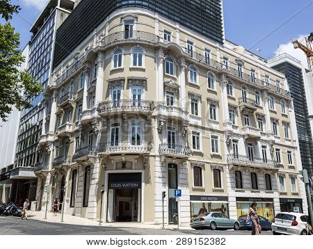 Lisbon - July 16, 2018:  Residential Building With A Luxury Louis Vuitton Store In The Groundfloor B