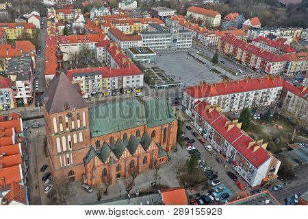 Koszalin, Poland - 06 March 2019 - Aerial View On City Koszalin, Area Of Gothic Cathedral And City T