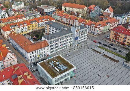 Koszalin, Poland - 06 March 2019 - Aerial View On City Koszalin, Area Of City Town Hall, Executioner
