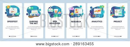 Mobile App Onboarding Screens. Business Plan, Financial Research And Analytics. Menu Vector Banner T