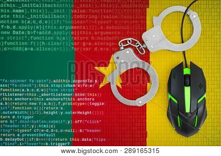 Cameroon Flag  And Handcuffed Computer Mouse. Combating Computer Crime, Hackers And Piracy