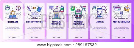 Mobile App Onboarding Screens. Education System, Digital Library In Phone, Illiterate. Menu Vector B