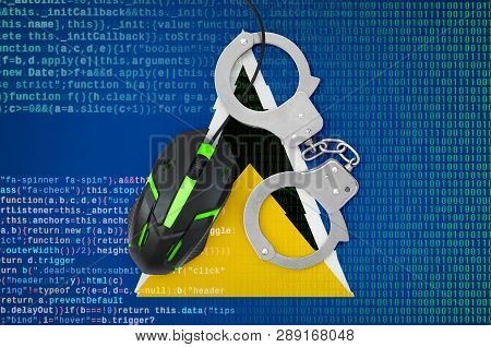 Saint Lucia Flag  And Handcuffed Computer Mouse. Combating Computer Crime, Hackers And Piracy
