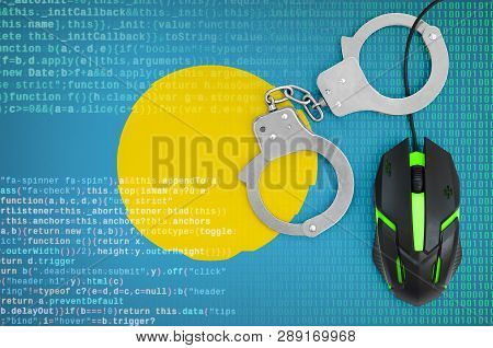 Palau Flag  And Handcuffed Computer Mouse. Combating Computer Crime, Hackers And Piracy