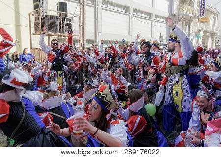 Xanthi, Greece - March 10 2019: Carnival Parade Participants Marching In Costumes.every Year Teams P