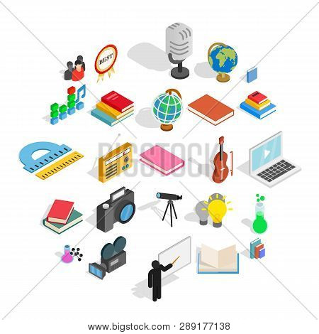 Schoolbook Icons Set. Isometric Set Of 25 Schoolbook Vector Icons For Web Isolated On White Backgrou