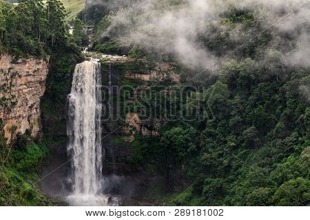 Karkloof Waterfall On A Misty Morning In The Natal Midlands, South Africa.