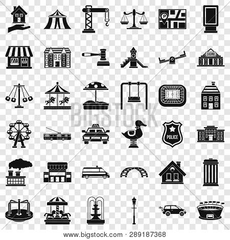 Small City Icons Set. Simple Style Of 36 Small City Vector Icons For Web For Any Design