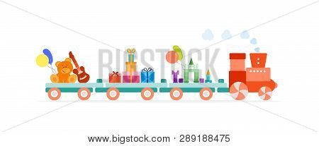 Funny Vector Illustration With Train Carries Toys: Baby Toy Musical Guitar, Designer, Bear, Gifts, B