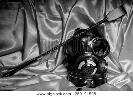 Close Up Bdsm Outfit. Bondage, Kinky Adult Sex Games, Kink And Bdsm Lifestyle Concept With Gas Mask,