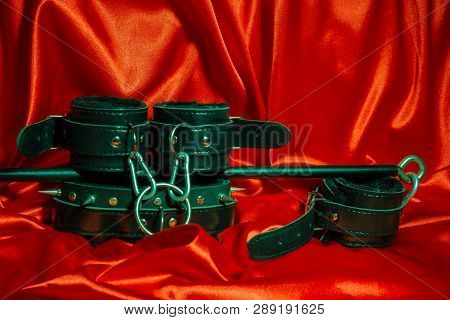 Close Up Bdsm Outfit. Bondage, Kinky Adult Sex Games, Kink And Bdsm Lifestyle Concept With A Pair Of