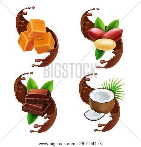 Chocolate Piece, Peanuts, Caramel, Coconut In Chocolate Splash Realistic Collection