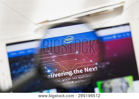 California, Usa - 7 March 2019: Intel Corporation Official Website Homepage Under Magnifying Glass. 